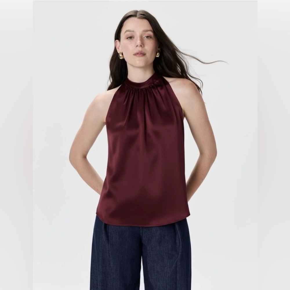 Quince Burgundy Red Wine Washable Silk Halter Top Sleeveless Blouse Small Work